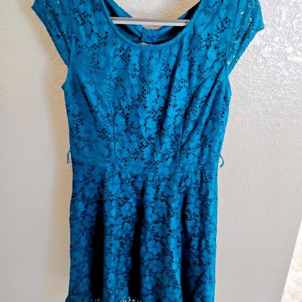 Vintage Indie Boho Floral Lace Fit and Flare‎ Mini Dress Teal Cocktail Skater
